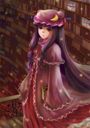 Rule 34 | 1girl, bad id, bad pixiv id, blunt bangs, book, bookshelf, bow, capelet, crescent, crescent moon, female focus, hair bow, hair ribbon, hat, jitome, library, long hair, moon, patchouli knowledge, purple eyes, purple hair, ribbon, robe, solo, touhou, vetina, voile