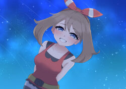 Rule 34 | 1girl, absurdres, arms behind back, blue eyes, blurry, blush, breasts, brown hair, collarbone, commentary request, creatures (company), eyelashes, game freak, grin, hairband, highres, kion (namarock8686), looking at viewer, may (pokemon), medium breasts, medium hair, night, nintendo, outdoors, pokemon, pokemon oras, red hairband, red shirt, shirt, shooting star, shorts, sky, sleeveless, sleeveless shirt, smile, solo, star (sky), teeth, white shorts
