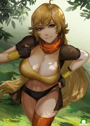 Rule 34 | 1girl, abs, ahoge, blonde hair, breasts, cleavage, fingerless gloves, gloves, grass, jacket, large breasts, long hair, looking at viewer, navel, nextoad, purple eyes, rwby, scarf, short shorts, shorts, single thighhigh, smile, solo, stomach, thighhighs, thighs, tree, yang xiao long