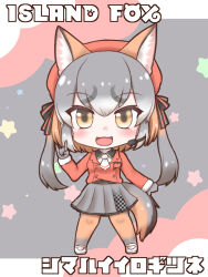 Rule 34 | 1girl, animal ear fluff, animal ears, blazer, extra ears, fox ears, fox girl, fox tail, gloves, grey hair, hat, highres, island fox (kemono friends), jacket, kemono friends, kemono friends v project, long hair, looking at viewer, mabuta (mbt), microphone, multicolored hair, necktie, open mouth, orange hair, pantyhose, ribbon, shirt, shoes, simple background, skirt, smile, solo, tail, twintails, virtual youtuber, yellow eyes