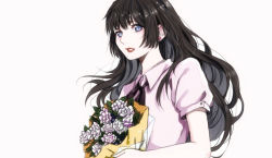 Rule 34 | 1girl, animification, black hair, black neckwear, blue eyes, bouquet, collared shirt, flower, from side, holding, holding bouquet, idust, k-pop, long hair, looking at viewer, momo (twice), parted lips, pink shirt, real life, shirt, solo, twice (group), white background, white flower