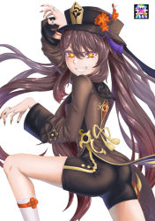 Rule 34 | 1girl, absurdres, artist request, ass, black nails, black shorts, brown hair, chinese clothes, coat, fingernails, genshin impact, grin, hat, hat ornament, highres, hu tao (genshin impact), long hair, looking at viewer, nail polish, red eyes, sharp fingernails, shiny clothes, shiny skin, short shorts, shorts, smile, solo, twintails, very long hair