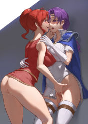 Rule 34 | 2girls, anna (fire emblem), bare arms, bare back, cape, eye contact, face-to-face, fire emblem, fire emblem: the binding blade, flower, gloves, hair flower, hair ornament, highres, juno (fire emblem), long hair, looking at another, multiple girls, nintendo, no bra, no panties, oral, purple eyes, purple hair, pussy juice, red eyes, red hair, saliva, saliva trail, skirt, yuri, zero a