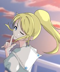 Rule 34 | 1girl, ;), artist name, artist request, ayase eli, blonde hair, blue eyes, blue sky, blush, breasts, cloud, female focus, finger to mouth, from behind, hair between eyes, high ponytail, highres, long hair, looking at viewer, looking back, love live!, love live! school idol project, one eye closed, outdoors, parted lips, ponytail, puffy short sleeves, puffy sleeves, sailor collar, shirt, short hair, short sleeves, sky, smile, solo, star (symbol), star print, upper body, white sailor collar, white shirt, wink