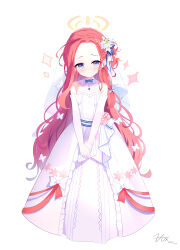 Rule 34 | 1girl, absurdres, alternate costume, blue archive, blush, bow, breasts, bride, closed mouth, commentary request, dated, detached collar, dress, elbow gloves, forehead, gloves, hair bow, halo, highres, long hair, looking at viewer, purple eyes, red hair, signature, simple background, sleeveless, sleeveless dress, small breasts, smile, solo, tachi-e, very long hair, wavy hair, wedding dress, white background, white bow, white dress, white gloves, yellow halo, yuzu (blue archive), zcx