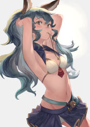 Rule 34 | 1girl, animal ears, armpits, bikini, blue hair, blue skirt, blush, breasts, brown eyes, ferry (granblue fantasy), ferry (summer) (granblue fantasy), gluteal fold, granblue fantasy, groin, hands in hair, highres, konoike (pepe expect), long hair, looking at viewer, mouth hold, navel, pleated skirt, skirt, small breasts, solo, swimsuit, thighs, white background, white bikini