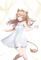 Rule 34 | 1girl, absurdres, ahoge, animal ears, bare shoulders, blush, breasts, brown hair, dress, feet out of frame, hair intakes, highres, indie virtual youtuber, lion ears, lion girl, lion tail, long hair, open mouth, rurudo lion, rurudo lion (1st costume), sleeveless, sleeveless dress, small breasts, solo, sunano reona, sundress, tail, virtual youtuber, white dress