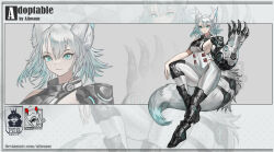 Rule 34 | 1girl, :3, adoptable, allosauc, animal ear fluff, animal ears, armored boots, artist name, black collar, black footwear, blue eyes, blue hair, bodysuit, boots, breasts, claws, closed mouth, collar, deviantart username, english text, eyelashes, fingernails, full body, gradient background, gradient hair, grey background, hair between eyes, hand on own knee, knee pads, large breasts, looking at viewer, mechanical arms, multicolored hair, multiple views, original, polka dot, polka dot background, projected inset, side slit, sideboob, simple background, single bare arm, single bare shoulder, single mechanical arm, sleeveless, sleeveless bodysuit, smile, tail, triangle background, upper body, watermark, white bodysuit, white hair, wolf ears, wolf tail