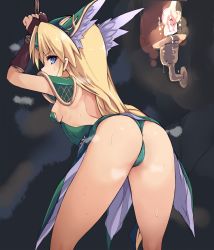 Rule 34 | 1girl, against wall, armor, arms up, ass, backless outfit, bare back, blonde hair, blue eyes, bound, bound wrists, breasts, clothes lift, dungeon, from behind, green headwear, green leotard, green skirt, helmet, karukan (monjya), leaning forward, leotard, long hair, looking back, pauldrons, presenting, riesz, rope, seiken densetsu, seiken densetsu 3, shoulder armor, sideboob, skirt, skirt lift, slave, small breasts, solo, strapless, strapless leotard, thighs, very long hair