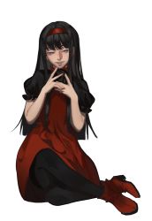 Rule 34 | 1girl, black hair, black pantyhose, blue eyes, cube, dress, eyelashes, grey background, hairband, high heels, highres, holding, holding cube, long hair, nier:automata, nier (series), pantyhose, parted lips, puffy sleeves, red dress, red footwear, red girl (nier), red hairband, simple background, sitting, smile, solo, teeth, upper teeth only, xiao dao (kojimarie)