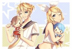 Rule 34 | 1boy, 1girl, ;o, black sailor collar, blonde hair, blue eyes, bow, brother and sister, character doll, crop top, grin, hair between eyes, hair bow, hair ornament, hairclip, kagamine len, kagamine rin, kaito (vocaloid), looking at viewer, meiko (vocaloid), midriff, navel, necktie, one eye closed, parted bangs, parted lips, sailor collar, shirt, short hair, short sleeves, siblings, sleeveless, sleeveless shirt, smile, stomach, twins, vocaloid, white bow, white shirt, yellow neckwear, yen-mi