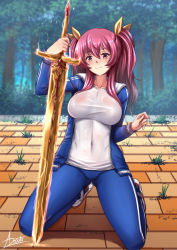 Rule 34 | 1girl, adsouto, black legwear, blush, breasts, hair ribbon, highres, holding, holding sword, holding weapon, large breasts, long hair, looking at viewer, rakudai kishi no cavalry, red eyes, red hair, ribbon, solo, stella vermillion, sword, track suit, twintails, two side up, weapon, yellow ribbon
