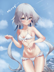 Rule 34 | 1girl, absurdres, bikini, blue eyes, blue sky, cloud, commentary request, day, frilled bikini, frills, front-tie bikini top, front-tie top, highres, kafun nuigurumi, konno junko, looking at viewer, low twintails, outdoors, romaji text, sky, soaking feet, solo, standing, swimsuit, twintails, white bikini, white hair, zombie land saga