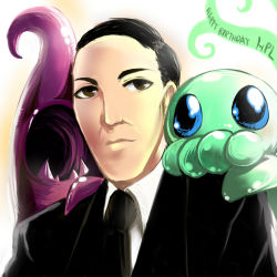 Rule 34 | 1boy, age difference, animification, bad id, bad pixiv id, black hair, brown eyes, business suit, chibi, collie, cthulhu, cthulhu mythos, formal, h.p. lovecraft, happy birthday, looking at viewer, minimized, monster, necktie, nyarlathotep, open mouth, parody, serious, short hair, suit