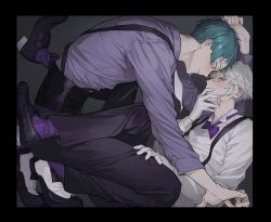 Rule 34 | 2boys, absurdres, azul ashengrotto, black footwear, black pants, blue eyes, blue hair, bow, bowtie, box, collared shirt, covered mouth, covering own mouth, dress shirt, embarrassed, from side, glasses, gloves, grey background, grey hair, half-closed eyes, hand on another&#039;s thigh, hand over own mouth, hand up, highres, hyakutennnn, in box, in container, jade leech, kneeling, long sleeves, looking at another, looking at viewer, male focus, mole, mole under mouth, multiple boys, pants, profile, purple bow, purple bowtie, purple legwear, purple shirt, reclining, shirt, shoes, short hair, sideways glance, simple background, socks, stuck, suspenders, suspenders gap, sweat, traditional bowtie, twisted wonderland, untied, white bow, white bowtie, white gloves, white shirt, wing collar, yaoi, yellow eyes
