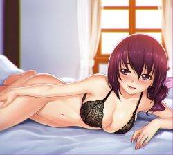 Rule 34 | 10s, 1girl, barefoot, black bra, blurry, bottomless, bra, breasts, cleavage, collarbone, depth of field, hand on own thigh, hoshizora ikuyo, jpeg artifacts, kazuma muramasa, lace, lace bra, large breasts, lying, mature female, navel, no panties, on side, precure, smile precure!, solo, underwear, underwear only