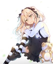 Rule 34 | 10s, 1girl, bandages, black footwear, black skirt, black thighhighs, blouse, boko (girls und panzer), bow, bowtie, brown eyes, casual, collared shirt, from side, girls und panzer, hair ribbon, hairband, hugging own legs, layered skirt, light brown hair, long hair, long sleeves, looking at viewer, mary janes, ribbon, shimada arisu, shirt, shoes, shoonear, side ponytail, sitting, skirt, smile, solo, striped clothes, striped thighhighs, stuffed animal, stuffed toy, suspender skirt, suspenders, teddy bear, thighhighs, white shirt