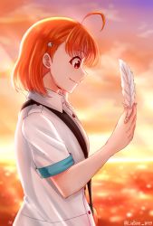 Rule 34 | 1girl, absurdres, artist name, artist request, bag, blush, braid, breasts, carrying bag, close-up, cloud, collared shirt, day, feathers, female focus, hair bobbles, hair ornament, hairclip, highres, holding, holding feather, looking at viewer, looking to the side, love live!, love live! school idol festival, love live! sunshine!!, medium breasts, nail, nail polish, orange hair, orange sky, outdoors, parted lips, pink nails, pink nails, red eyes, shell hair ornament, shirt, short hair, short sleeves, shoulder bag, side braid, sideboob, single braid, sky, smile, solo, takami chika, upper body, white feathers, white shirt