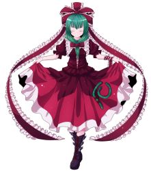 Rule 34 | 1girl, arm ribbon, boots, closed eyes, clothes lift, curtsey, dress, dress lift, female focus, front ponytail, green hair, hair ribbon, highres, kagiyama hina, nikka (cryptomeria), red dress, ribbon, skirt hold, smile, solo, standing, touhou, transparent background