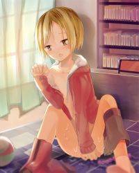 Rule 34 | 10s, 1boy, anal beads, bad id, bad pixiv id, blonde hair, blurry, blush, bookshelf, bottomless, covering privates, covering crotch, depth of field, haikyuu!!, jacket, kozume kenma, ku-gu, male focus, nipples, open clothes, open jacket, open mouth, panties, panties around leg, sex toy, short hair, sitting, solo, underwear