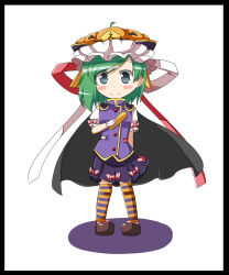 Rule 34 | 1girl, adapted costume, asymmetrical hair, black border, blue eyes, blush stickers, border, bow, cape, chibi, colored eyelashes, crown, footwear bow, gloves, green hair, highres, loafers, looking at viewer, mono (mono60), pigeon-toed, pumpkin hat, rod of remorse, shiki eiki, shoes, short hair, smile, solo, striped clothes, striped thighhighs, thighhighs, touhou, white gloves