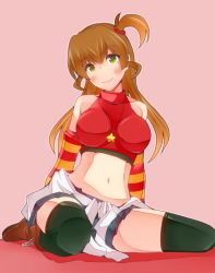 Rule 34 | 1girl, black thighhighs, boots, breasts, brown footwear, brown hair, clothes around waist, commentary request, fukui sora, green eyes, hair ornament, hair scrunchie, head tilt, idolmaster, idolmaster dearly stars, impossible clothes, impossible shirt, jacket, jacket around waist, jewelry, large breasts, long hair, looking at viewer, midriff, navel, necklace, one side up, pink background, red shirt, sakurai yumeko, scrunchie, shirt, sitting, skirt, sleeveless, sleeveless shirt, solo, star (symbol), star necklace, thighhighs