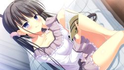 Rule 34 | 1girl, :q, bare legs, bed sheet, black hair, blue eyes, blush, bow, closed mouth, collarbone, da capo iv, dutch angle, frilled skirt, frills, game cg, grey skirt, hair ornament, hair scrunchie, holding, long hair, long sleeves, miniskirt, on bed, pink scrunchie, reading, scrunchie, shirt, sitting, skirt, smile, solo, striped clothes, striped skirt, tokisaka nino, tongue, tongue out, twintails, vertical-striped clothes, vertical-striped skirt, white bow, white shirt