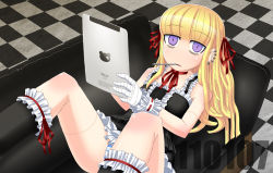 Rule 34 | 1girl, bad id, bad pixiv id, bandages, blonde hair, bow, character request, checkered floor, ear piercing, floor, frills, gothic lolita, ipad, lace, lolita fashion, long hair, original, phone, piercing, purple eyes, ribbon, s ibane, scar, sick, socks, solo, stitches, tablet pc