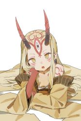 Rule 34 | 1girl, blonde hair, commentary request, earrings, fang, fate/grand order, fate (series), forehead, head rest, highres, horns, ibaraki douji (fate), japanese clothes, jewelry, kimono, long hair, looking at viewer, lying, on stomach, open mouth, pointy ears, simple background, sketch, solo, tattoo, timbougami, white background, yellow eyes, yellow kimono