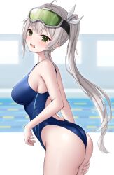 Rule 34 | 1girl, absurdres, ahoge, ass, blue one-piece swimsuit, breasts, commission, competition swimsuit, cowboy shot, diving mask, diving mask on head, goggles, goggles on head, green eyes, grey hair, highleg, highleg swimsuit, highres, indie virtual youtuber, kotoha rimu, lane line, long hair, medium breasts, ncontrail (mgax7527), one-piece swimsuit, open mouth, pool, sideboob, skeb commission, solo, swimsuit, twintails, virtual youtuber