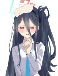 Rule 34 | &lt;key&gt; (blue archive), 1girl, absurdres, aqua necktie, averting eyes, black hair, blue archive, blush, disembodied hand, hair between eyes, half-closed eyes, halo, headpat, highres, looking down, necktie, one side up, pov, pov hands, red eyes, shirt, showtime775, simple background, smile, sweatdrop, upper body, white background, white shirt