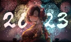 Rule 34 | 1girl, 2023, aerial fireworks, black kimono, breasts, closed eyes, crying, fate/grand order, fate (series), fireworks, floral print, grey hair, headpiece, highres, japanese clothes, jeanne d&#039;arc alter (fate), kimono, large breasts, new year, night, night sky, outdoors, print kimono, ru 251, short hair, sky, smile, solo, tears, upper body