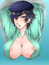 Rule 34 | 1girl, akhm, androgynous, arms behind head, atlus, blue eyes, blue hair, blue theme, blush, breast mousepad, breasts, cabbie hat, cleavage, covered erect nipples, crossdressing, female focus, hair between eyes, hat, large breasts, lips, matching hair/eyes, mousepad, mousepad (medium), nipples, open clothes, open shirt, persona, persona 4, reverse trap, shirogane naoto, shirt, short hair, solo, upper body, very short hair, wavy hair