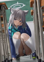 Rule 34 | 1girl, absurdres, animal ears, aqua scarf, blue archive, blush, chair, classroom, commentary, desk, disuto, grey hair, grey panties, halo, highres, indoors, jacket, kneehighs, knees together feet apart, looking at viewer, open clothes, open jacket, panties, pantyshot, scarf, school chair, school desk, school uniform, shiroko (blue archive), smile, socks, solo, squatting, underwear, white socks, wolf ears