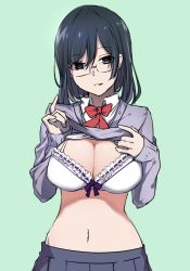 Rule 34 | 1girl, black eyes, black hair, black skirt, blush, bow, bowtie, bra, breasts, cleavage, clothes lift, commentary request, frilled bra, frills, green background, index finger raised, large breasts, lifted by self, long sleeves, looking at viewer, navel, original, parted lips, pleated skirt, purple sweater, red bow, red bowtie, ribbon-trimmed bra, rimless eyewear, short hair, simple background, skirt, smile, solo, stomach, sweater, sweater lift, underwear, white bra, xiujia yihuizi