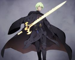 Rule 34 | 1boy, armor, blood, blood on face, byleth (fire emblem), byleth (male) (fire emblem), cape, closed mouth, dagger, fire emblem, fire emblem: three houses, gloves, green eyes, green hair, heroes relic (fire emblem), highres, holding, holding sword, holding weapon, knife, medium hair, nintendo, pants, sheath, solo, sword, sword of the creator, weapon
