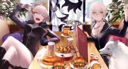 Rule 34 | 2girls, arm support, artoria pendragon (all), artoria pendragon (fate), burger, cavall the 2nd, commentary request, crossed legs, cup, dog, doughnut, eating, excalibur morgan (fate), fate/apocrypha, fate/grand order, fate (series), food, french fries, fur trim, hand up, highres, indoors, jeanne d&#039;arc (fate), jeanne d&#039;arc (ruler) (fate), jeanne d&#039;arc alter (fate), jeanne d&#039;arc alter (ver. shinjuku 1999) (fate), looking to the side, miniskirt, mouth hold, multiple girls, official alternate costume, one eye closed, pale skin, saber (fate), saber alter, skirt, sword, table, tsukimoto aoi, weapon, white hair, yellow eyes