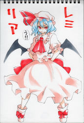 Rule 34 | 1girl, bad id, bad pixiv id, bat wings, blue hair, character name, fang, female focus, frills, hat, red eyes, remilia scarlet, solo, touhou, traditional media, uousa-ou, wings