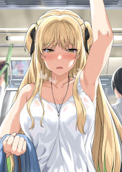 1girl arm_up armpits artist_request black_ribbon blonde_hair blush highres long_hair original ribbon ribbon_hair solo sweat train train_interior yellow_eyes