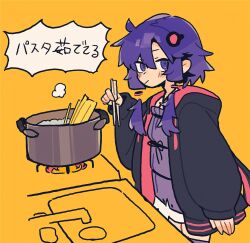 Rule 34 | 1girl, :/, adpx, arm at side, black hoodie, boiling, breasts, chopsticks, closed mouth, commentary request, cooking, cooking pot, cowboy shot, detached hair, dress, empire waist, food, hair ornament, hand up, highres, holding, holding chopsticks, hood, hood down, hoodie, long hair, long sleeves, looking at viewer, orange background, pasta, purple dress, purple eyes, purple hair, purple thighhighs, short dress, short hair with long locks, sidelocks, simple background, sink, small breasts, solo, spaghetti, speech bubble, standing, thighhighs, translation request, vocaloid, voiceroid, yuzuki yukari