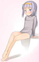 Rule 34 | 1girl, bare legs, barefoot, blush, breasts, closed mouth, dated, full body, grey sweater, hairband, highres, long hair, long sleeves, looking at viewer, original, purple eyes, purple hair, ribbed sweater, signature, sitting, small breasts, smile, solo, sweater, turtleneck, turtleneck sweater, very long hair, yellow hairband, yone kinji