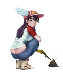 Rule 34 | 1girl, absurdres, aged up, air jordan, air jordan 6, ass, baseball cap, black-framed eyewear, blue eyes, breasts, butt crack, closed mouth, commentary, denim, dr. slump, earrings, from behind, from side, full body, glasses, gloves, hat, highres, holding, jeans, jewelry, kim junghun, large breasts, long hair, looking at viewer, looking back, nike (company), norimaki arale, pants, poop, purple hair, raglan sleeves, round eyewear, shirt, shoes, short sleeves, sneakers, solo, squatting, stick, white background, white footwear, winged hat, yellow gloves