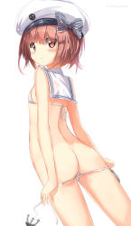 Rule 34 | 10s, 1girl, :&lt;, anchor, ass, back, beret, bikini, bikini pull, blush, bow, brown eyes, brown hair, butt crack, character name, closed mouth, clothes pull, clothes writing, cowboy shot, flat ass, flat chest, from behind, hat, hat bow, kantai collection, looking at viewer, looking back, natuna natu, pulled by self, sailor bikini, sailor collar, short hair, side-tie bikini bottom, simple background, smiley face, solo, standing, striped, striped bow, swimsuit, twitter username, untied bikini, white background, white bikini, white hat, z3 max schultz (kancolle)