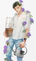 Rule 34 | 1boy, black hair, blue pants, bracelet, breast pocket, brown eyes, collared shirt, feet out of frame, flower, flower pot, highres, holding, holding flower pot, holding pot, holding watering can, jewelry, leaf, male focus, masuoka chico, mole, mole under mouth, morning glory, original, pants, plant, pocket, pot, purple flower, shadow, shirt, short hair, short sleeves, simple background, solo, vines, watch, watering can, white background, white shirt, wristwatch