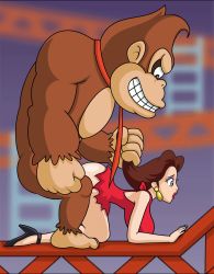Rule 34 | 1boy, 1girl, animated, animated gif, ape, ass, bare shoulders, bent over, bestiality, blue eyes, bouncing breasts, bozzopervert, breasts, brown hair, curvy, doggystyle, donkey kong, donkey kong (1981 game), donkey kong (series), dress, eyeshadow, from side, grabbing another&#039;s hair, hanging breasts, hetero, high heels, highres, huge ass, huge breasts, interspecies, lipstick, long hair, looking ahead, looping animation, makeup, narrow waist, nintendo, no bra, pauline (mario), rape, red dress, sex, sex from behind, smile, stomach bulge, thick thighs, thighs, torn clothes, torn dress, vaginal