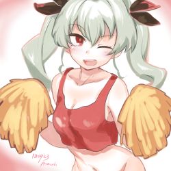Rule 34 | 10s, 1girl, ;d, absurdres, alternate costume, anchovy (girls und panzer), aomushi (mushamusha), artist name, black ribbon, blush, breasts, cheerleader, cleavage, commentary, dated, drill hair, girls und panzer, green hair, hair ribbon, highres, holding, holding pom poms, light blush, long hair, looking at viewer, medium breasts, midriff, navel, no panties, one eye closed, open mouth, pom pom (cheerleading), pom poms, red eyes, red shirt, ribbon, shirt, smile, solo, tank top, twin drills, twintails
