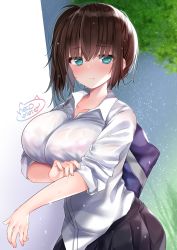 Rule 34 | 1girl, absurdres, aqua eyes, bag, black skirt, bra, bra visible through clothes, breasts, brown hair, collared shirt, highres, large breasts, leaf, medium hair, neco meito, original, pink bra, pleated skirt, rain, school bag, see-through, shirt, skirt, sleeves rolled up, solo, standing, twitter username, underwear, water drop, wet, wet clothes, wet shirt, white shirt