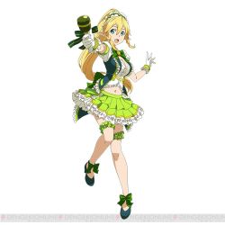 Rule 34 | 10s, 1girl, blonde hair, breasts, cleavage, frilled skirt, frills, full body, gloves, green eyes, green skirt, hair ornament, holding, holding microphone, leafa, long hair, medium breasts, microphone, midriff, navel, open mouth, pointy ears, ponytail, simple background, skirt, solo, sword art online, sword art online: code register, watermark, white background, white gloves