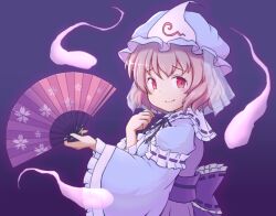 Rule 34 | 1girl, black ribbon, blue hat, blue kimono, blush, closed mouth, commentary request, folding fan, frilled kimono, frilled sleeves, frills, ghost, hand fan, hat, holding, holding fan, japanese clothes, kimono, long sleeves, looking at viewer, medium bangs, mob cap, neck ribbon, oekakomi, pink hair, purple background, red eyes, ribbon, saigyouji yuyuko, short hair, sleeve garter, smile, solo, touhou, triangular headpiece, upper body, wide sleeves