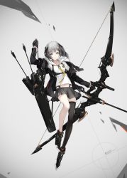 Rule 34 | 1girl, arrow (projectile), asymmetrical legwear, bow, bow (weapon), facing viewer, gloves, grey eyes, grey hair, harness, heavily armed high school girls, highres, jacket, midriff, miniskirt, necktie, neco, original, quiver, revision, roku (heavily armed high school girls), science fiction, single thighhigh, skirt, solo, thighhighs, uneven legwear, uniform, weapon